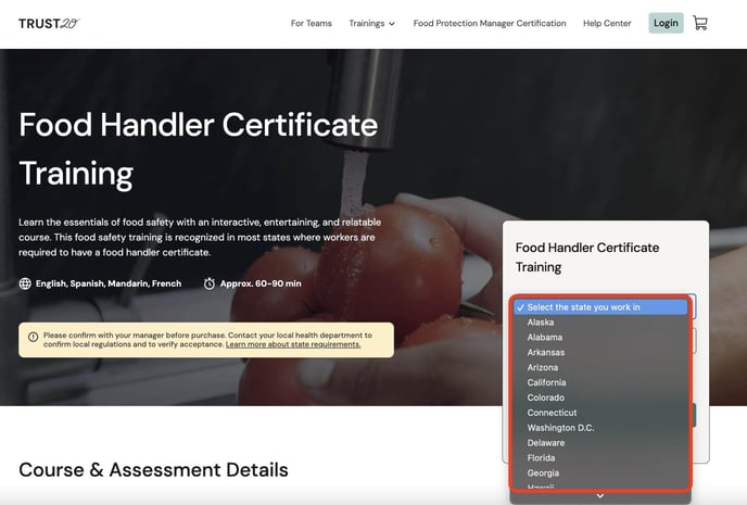 Preview of the Food Handler Certificate Training product page