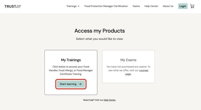 Start learning prompt on Access My Products page